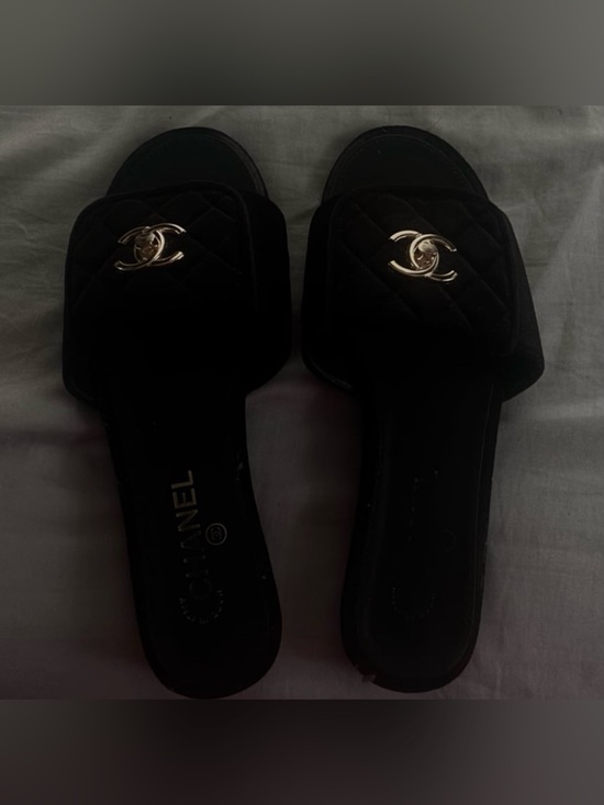 CHANEL Shoes - CHANEL Black Quilted Velvet Slide Mules with Gold CC